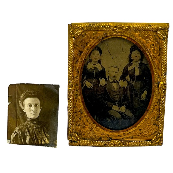 Antique Victorian tinytype 1800’s photo in gold tone frame